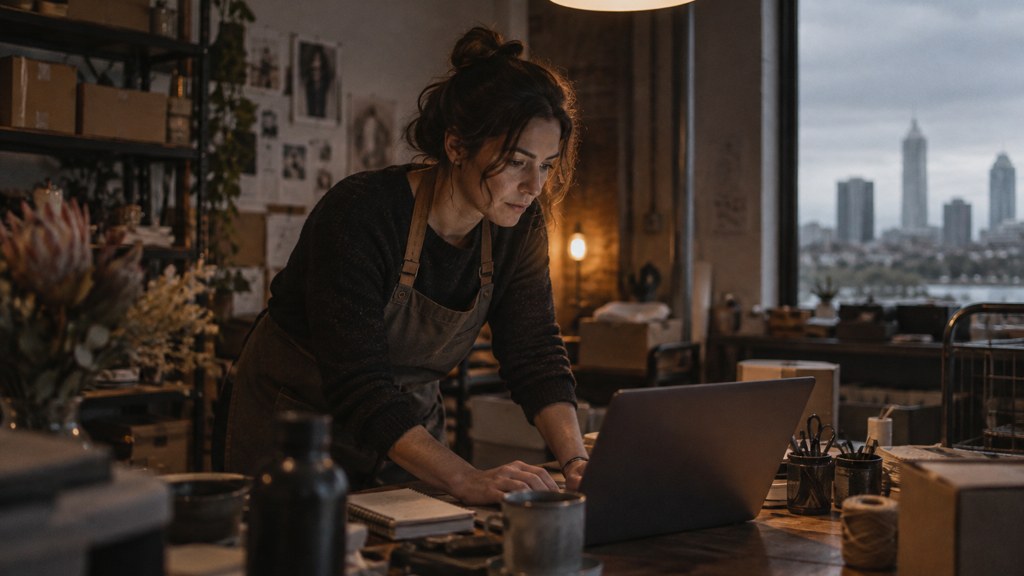 A small-business owner in an apron leaning over a laptop on a cluttered back-office desk late in the day, photographed in Perth