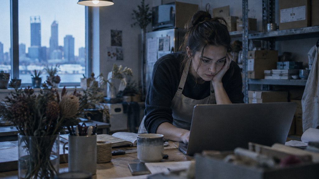 A small-business owner in an apron leaning over a laptop on a cluttered back-office desk late in the day, photographed in Perth