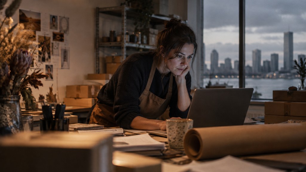 A small-business owner in an apron leaning over a laptop on a cluttered back-office desk late in the day, photographed in Perth