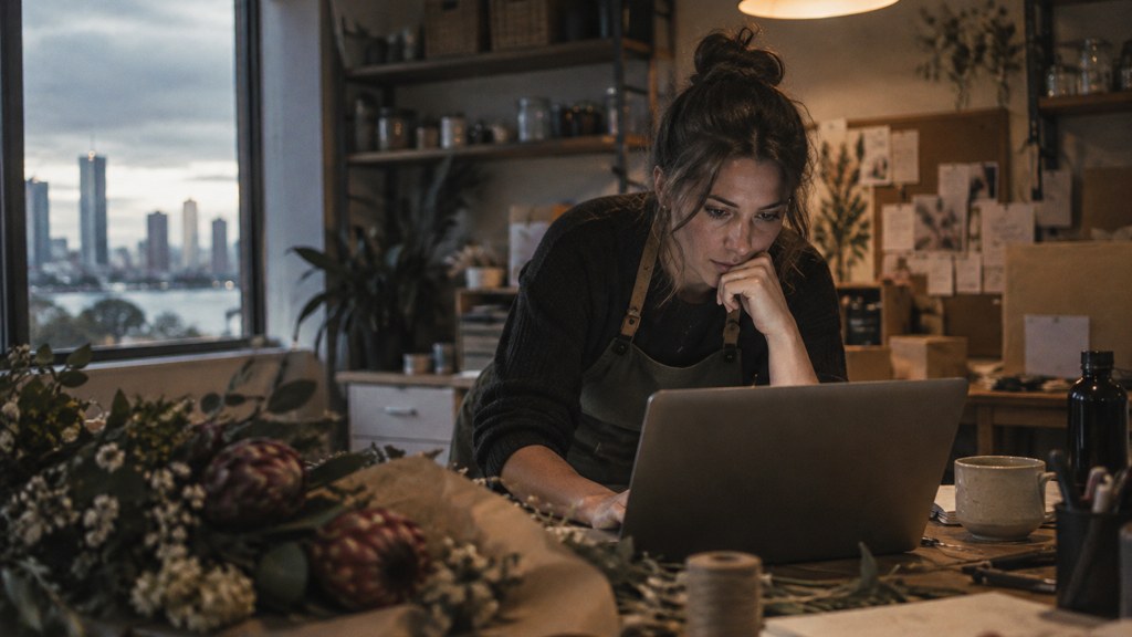 A small-business owner in an apron leaning over a laptop on a cluttered back-office desk late in the day, photographed in Perth