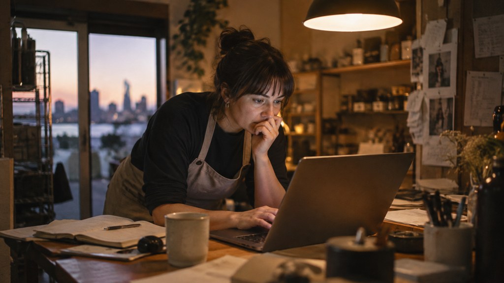 A small-business owner in an apron leaning over a laptop on a cluttered back-office desk late in the day, photographed in Perth