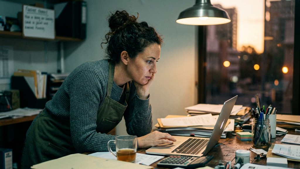 A small-business owner in an apron leaning over a laptop on a cluttered back-office desk late in the day, photographed in Perth