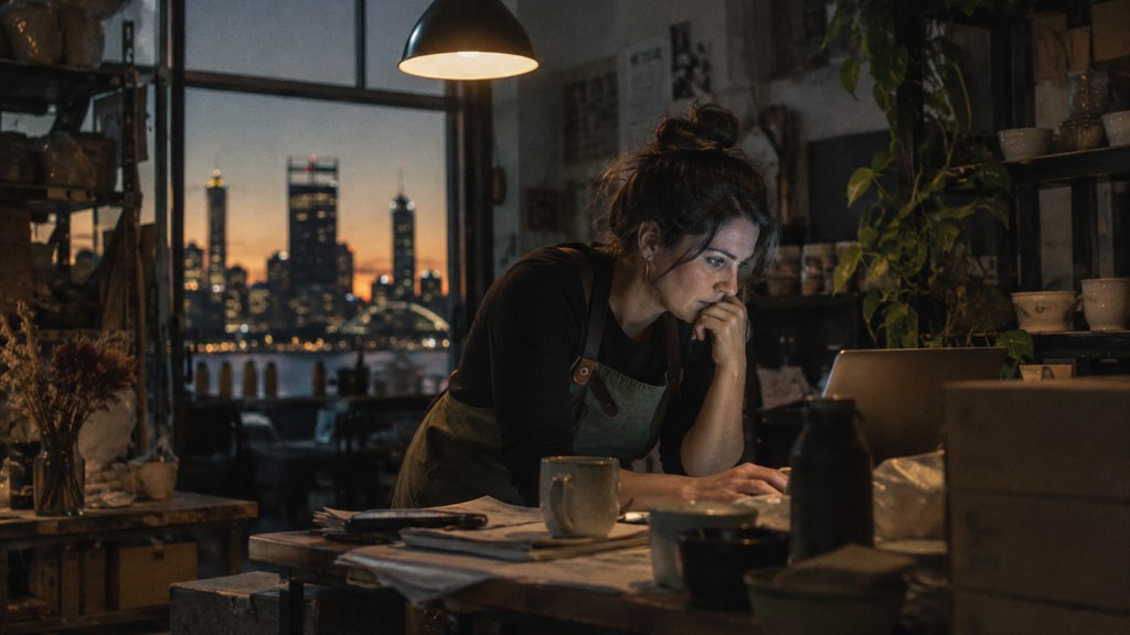 A small-business owner in an apron leaning over a laptop on a cluttered back-office desk late in the day, photographed in Perth