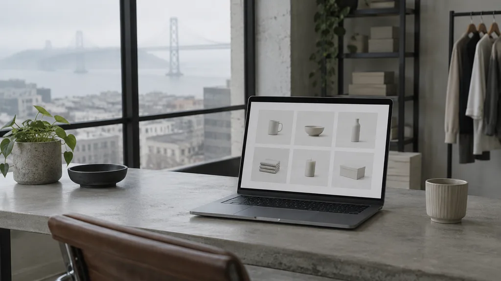 A San Francisco ecommerce studio desk with a laptop on concrete in cool fog light