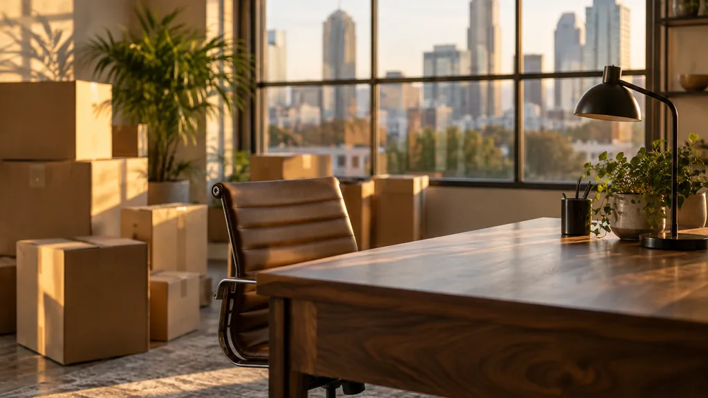 A Charlotte studio desk with packing cartons beside walnut in warm evening light