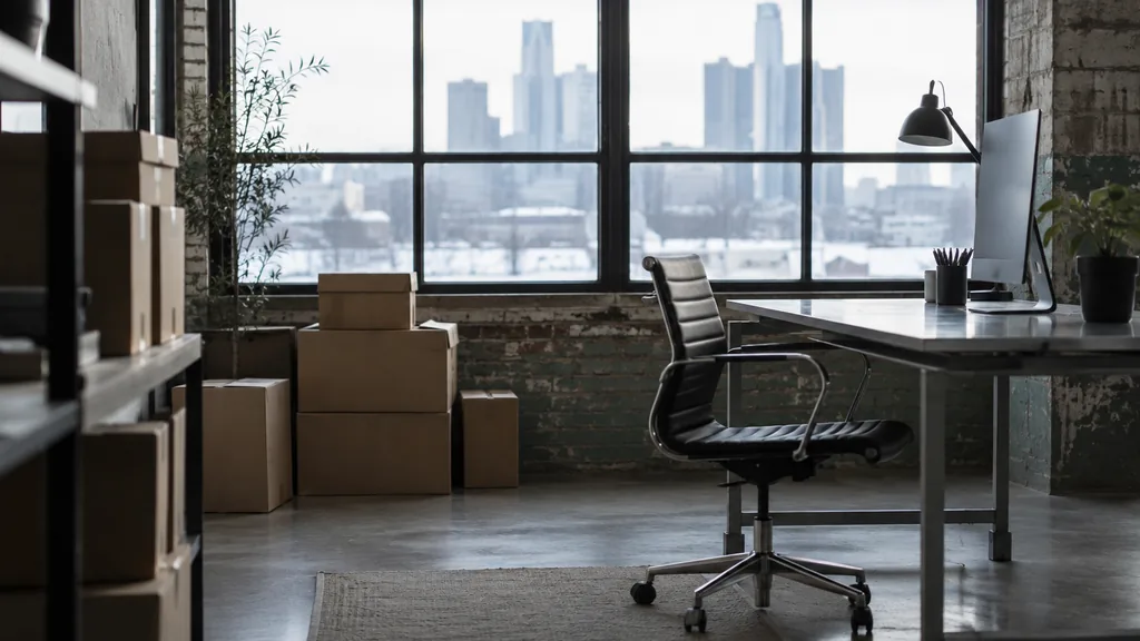 A Detroit studio desk with product cartons beside steel in cool winter light