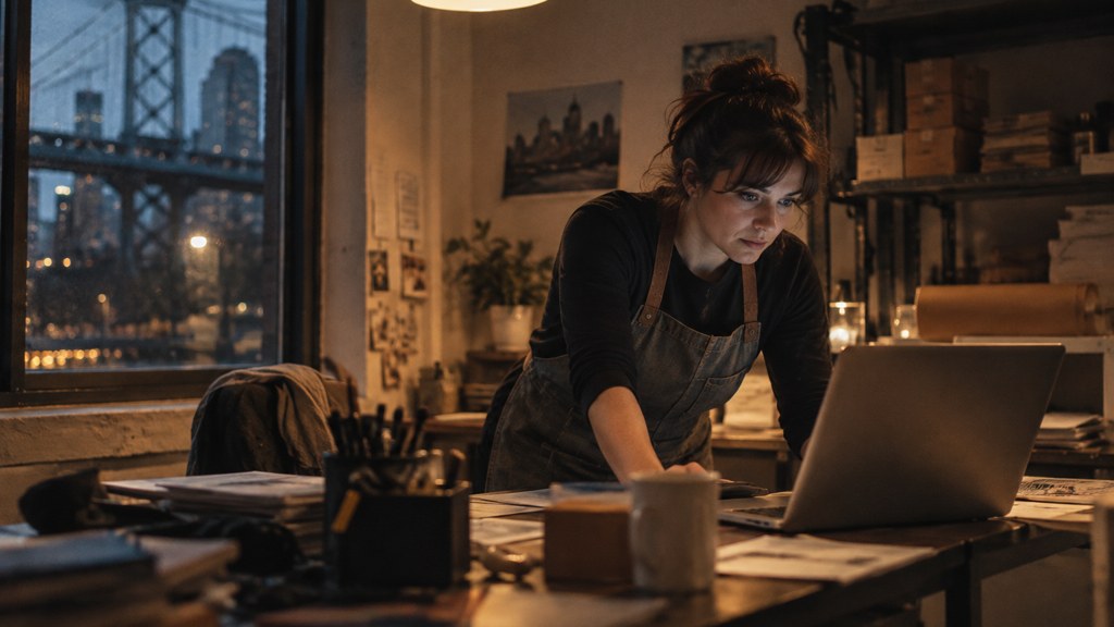 A small-business owner in an apron leaning over a laptop on a cluttered back-office desk late in the day, photographed in Philadelphia