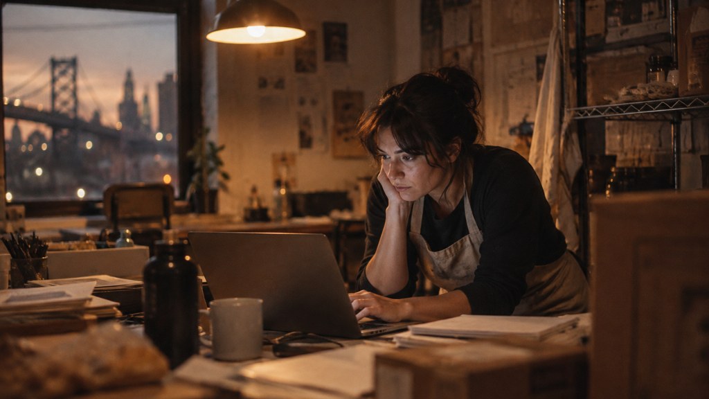 A small-business owner in an apron leaning over a laptop on a cluttered back-office desk late in the day, photographed in Philadelphia