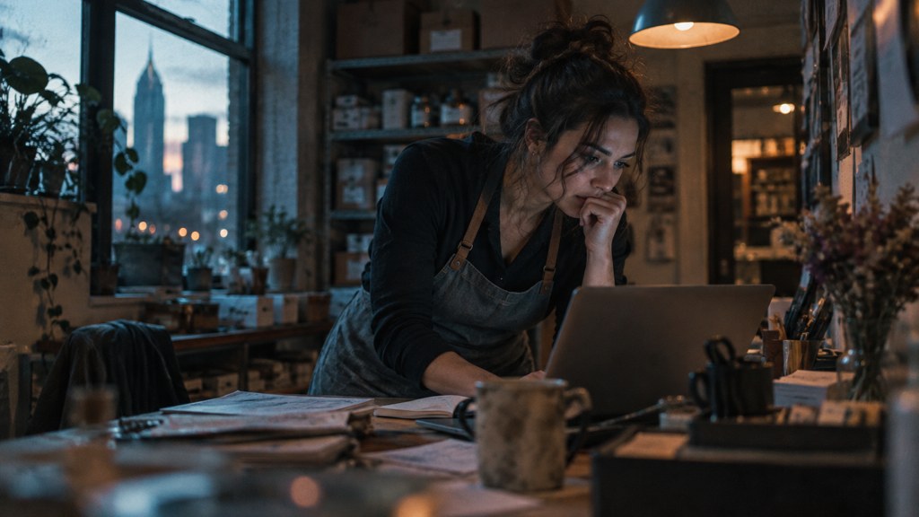 A small-business owner in an apron leaning over a laptop on a cluttered back-office desk late in the day, photographed in Philadelphia
