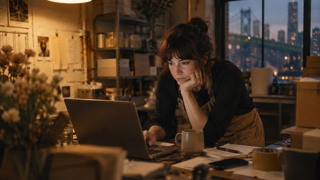 A small-business owner in an apron leaning over a laptop on a cluttered back-office desk late in the day, photographed in Philadelphia