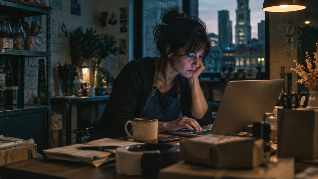 A small-business owner in an apron leaning over a laptop on a cluttered back-office desk late in the day, photographed in Philadelphia