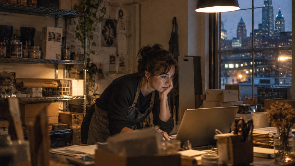 A small-business owner in an apron leaning over a laptop on a cluttered back-office desk late in the day, photographed in Philadelphia