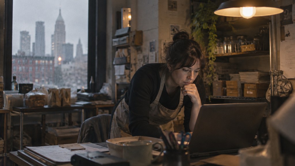 A small-business owner in an apron leaning over a laptop on a cluttered back-office desk late in the day, photographed in Philadelphia
