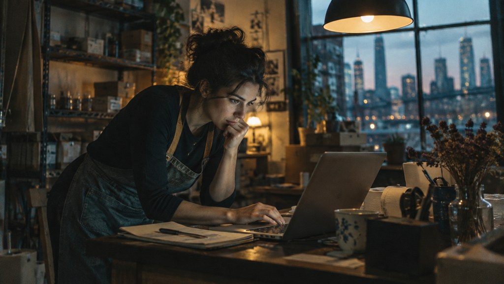A small-business owner in an apron leaning over a laptop on a cluttered back-office desk late in the day, photographed in Philadelphia
