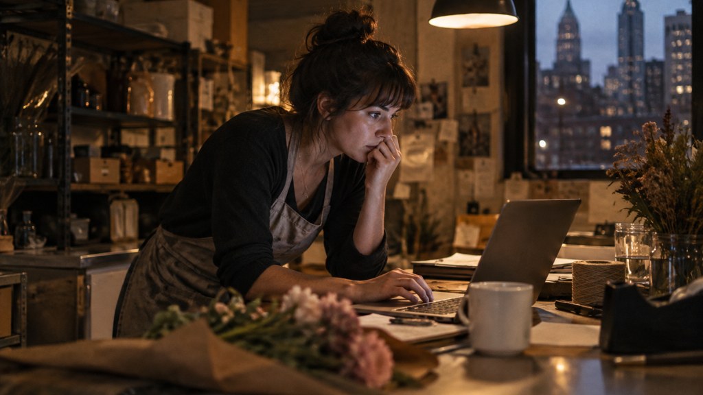 A small-business owner in an apron leaning over a laptop on a cluttered back-office desk late in the day, photographed in Philadelphia