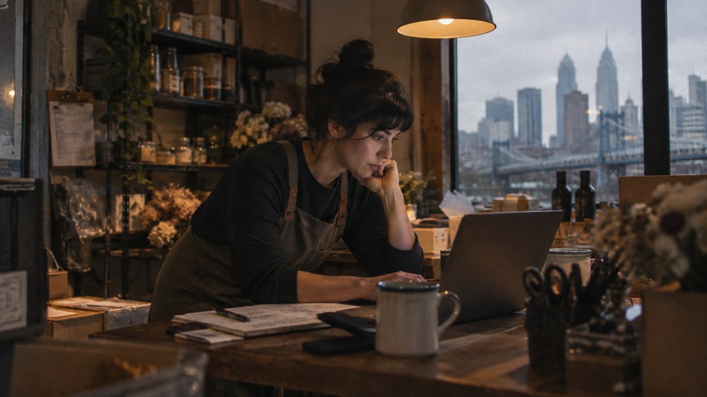 A small-business owner in an apron leaning over a laptop on a cluttered back-office desk late in the day, photographed in Philadelphia