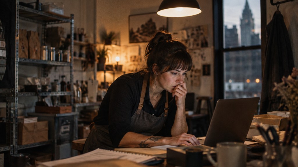 A small-business owner in an apron leaning over a laptop on a cluttered back-office desk late in the day, photographed in Philadelphia