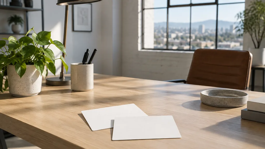 A San Jose content studio desk with editorial cards and printed drafts in clear afternoon light
