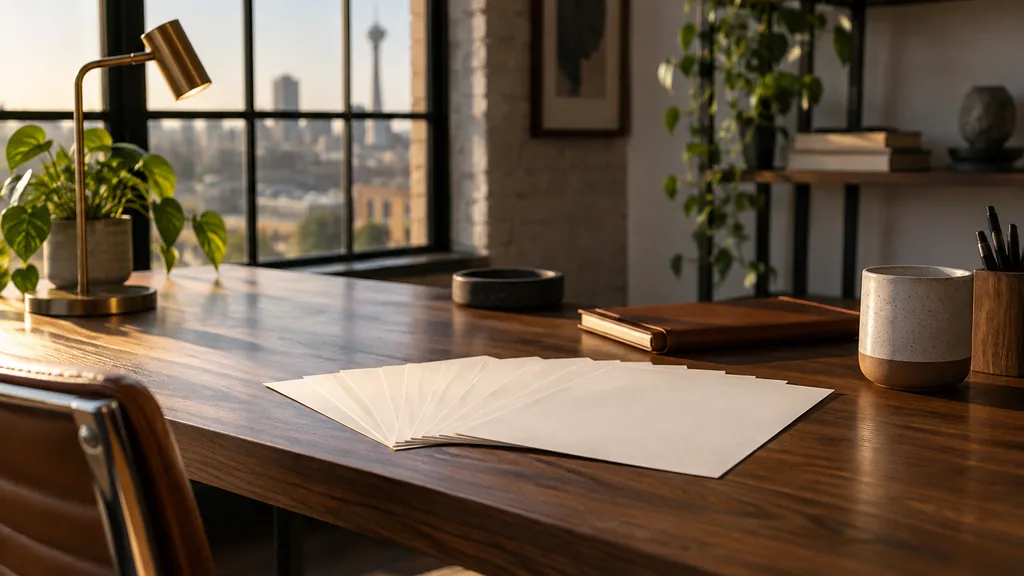 A San Antonio content studio desk with content briefs fanned across walnut in warm side light