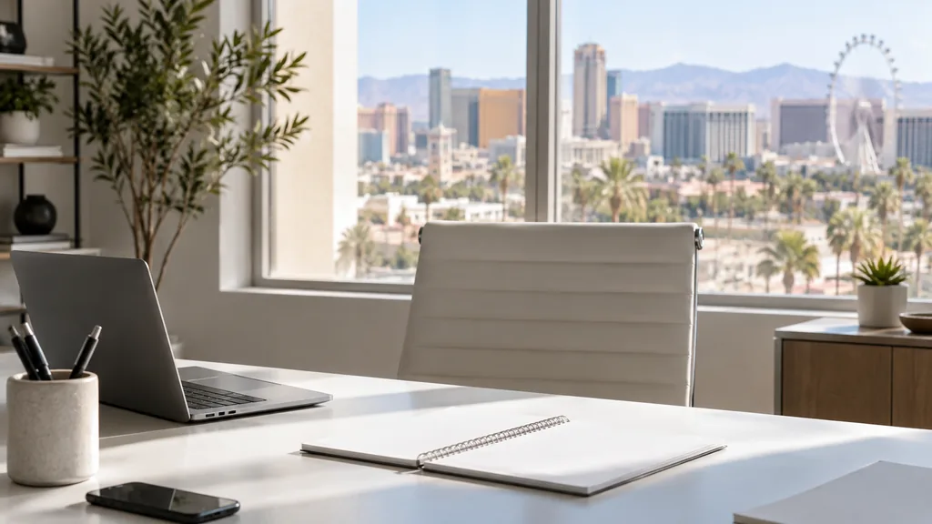 A Las Vegas content studio desk with blank article outlines on matte white in bright desert light