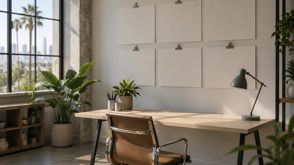 An Orlando content studio desk with story boards pinned above it in soft daylight