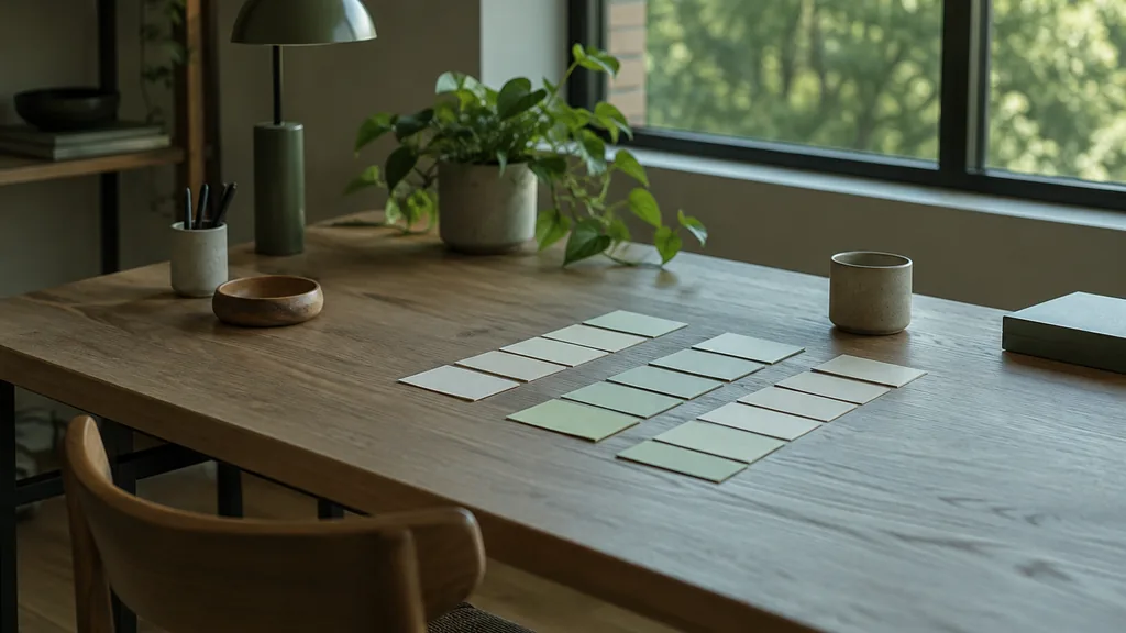 A Raleigh content studio desk with index cards arranged in columns in green window light