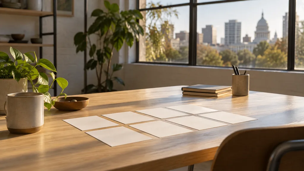 A Sacramento content studio desk with planning cards on birch in warm valley light