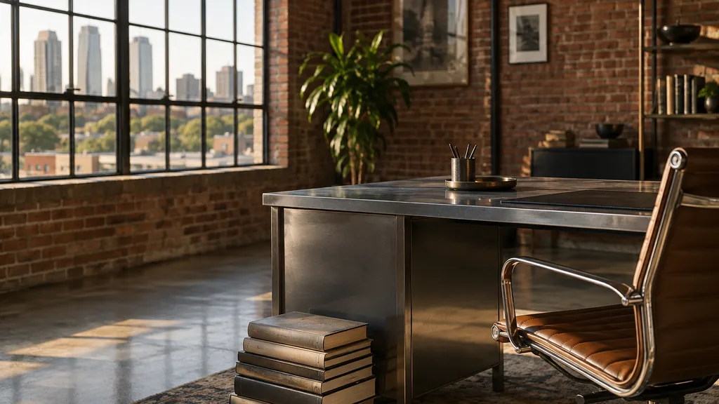 A Fort Worth brick loft desk with printed article outlines beside steel in amber light