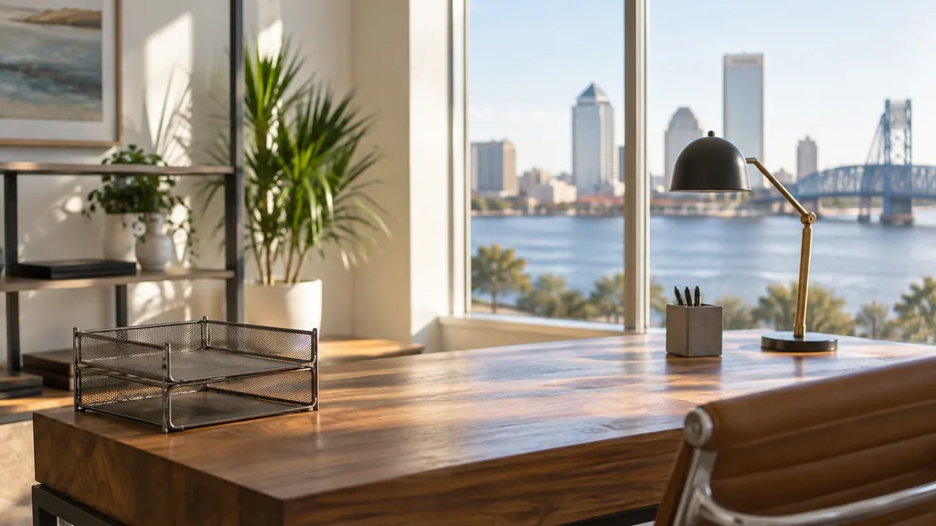 A Jacksonville content studio desk with paper trays and a closed laptop in bright coastal light