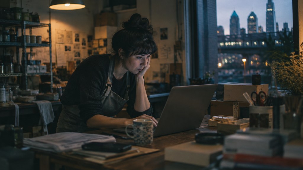 A small-business owner in an apron leaning over a laptop on a cluttered back-office desk late in the day, photographed in Philadelphia