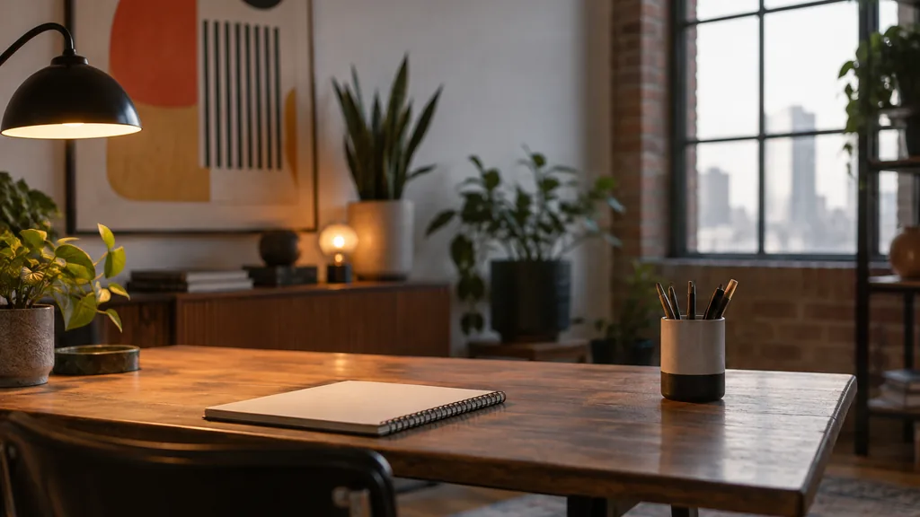 A Memphis content studio desk with a sketch pad and pen cup in warm lamp light