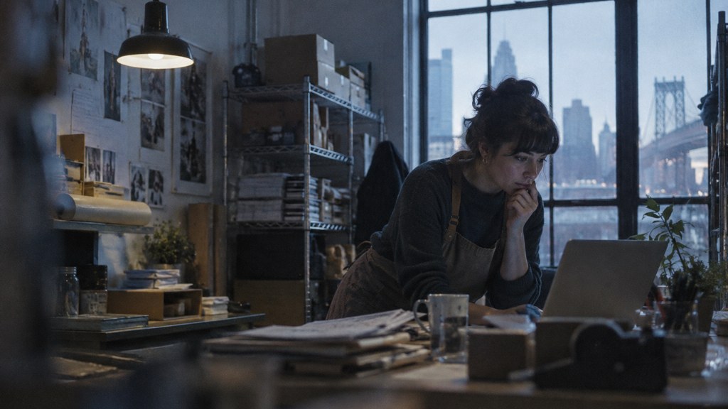 A small-business owner in an apron leaning over a laptop on a cluttered back-office desk late in the day, photographed in Philadelphia