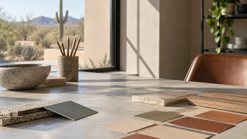 A Phoenix branding studio desk with colour swatch cards on pale concrete in hard desert light