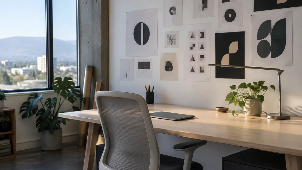 A San Jose studio desk with logo studies pinned above light ash in cool valley light