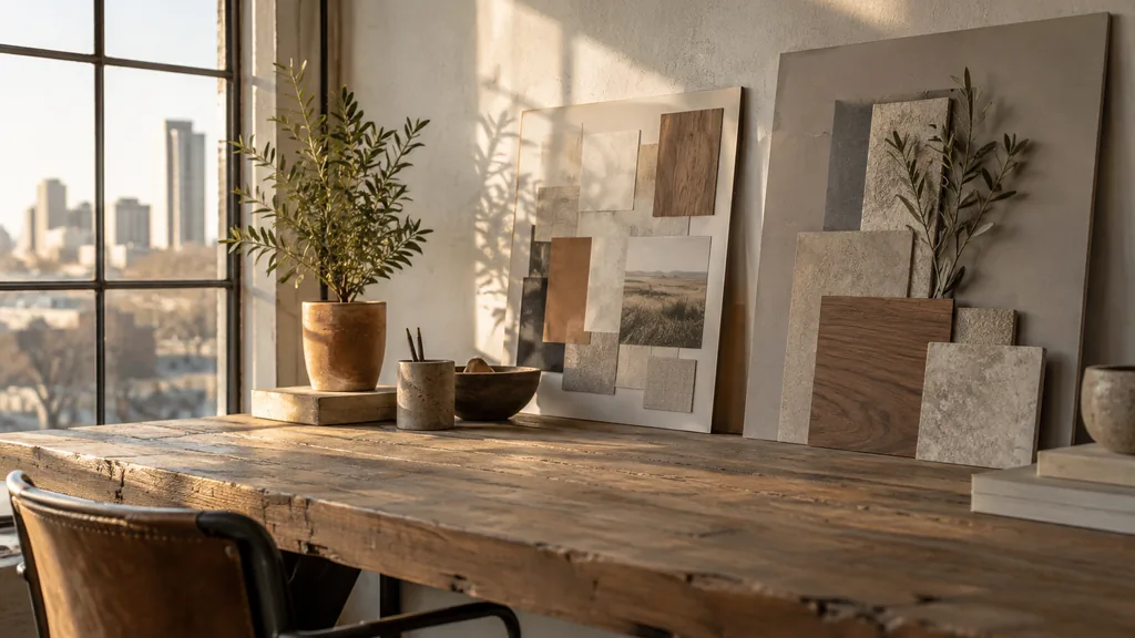 A Fort Worth studio desk with brand boards leaning on timber in warm afternoon light