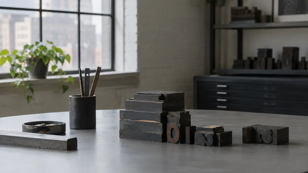 A Columbus studio desk with printed type specimens on matte grey in soft north light