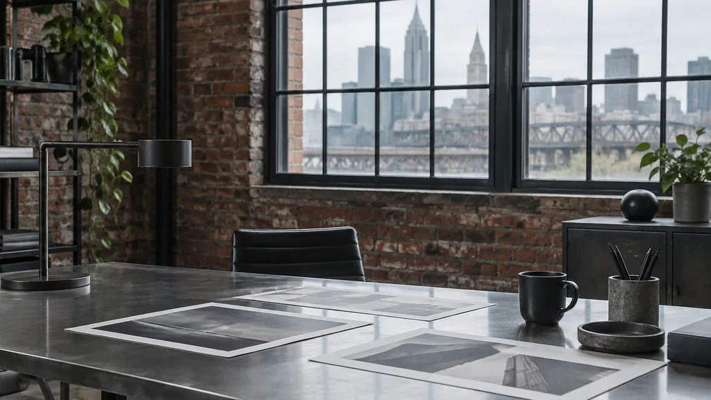A Cleveland brick loft desk with brand mark prints on steel in grey daylight