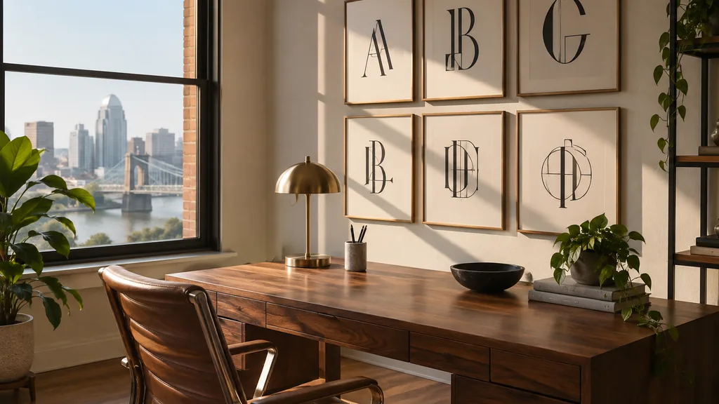 A Cincinnati studio desk with monogram studies above walnut in warm window light