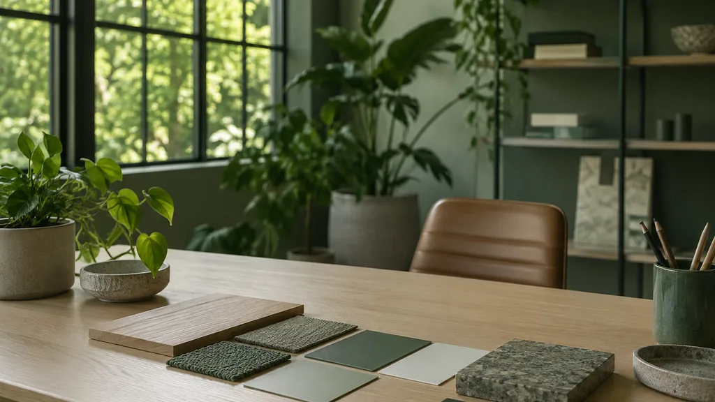 A Raleigh studio desk with colour chips on pale oak in green filtered daylight