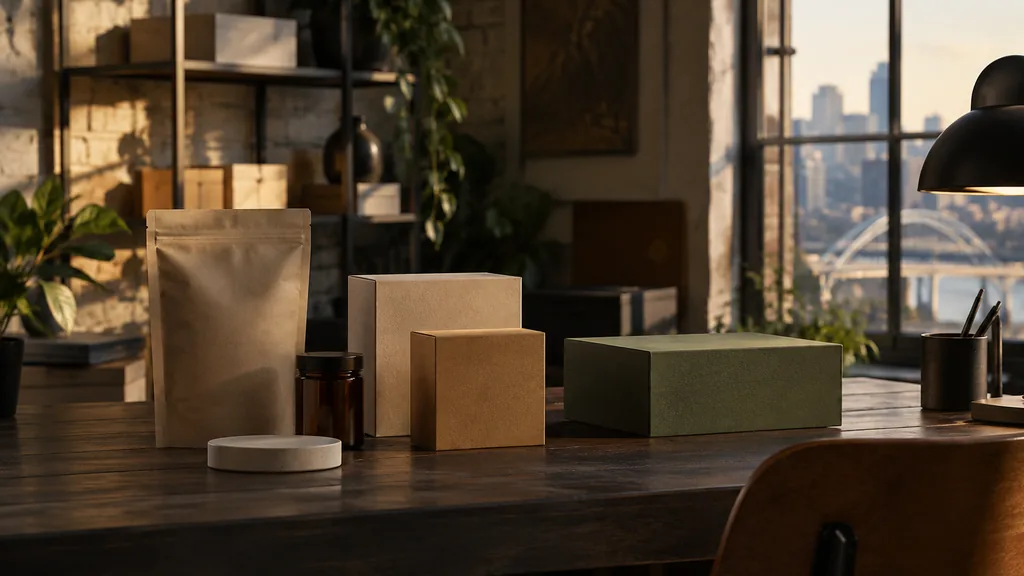 A Memphis studio desk with packaging mock-ups on dark timber in warm low light