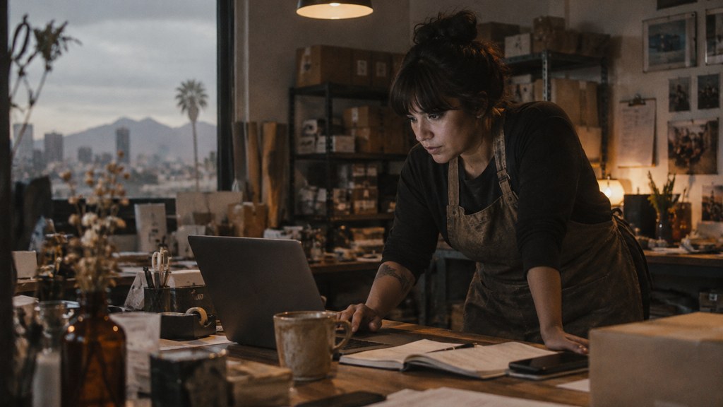 A small-business owner in an apron leaning over a laptop on a cluttered back-office desk late in the day, photographed in Phoenix