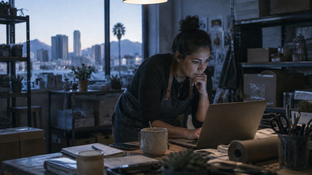A small-business owner in an apron leaning over a laptop on a cluttered back-office desk late in the day, photographed in Phoenix
