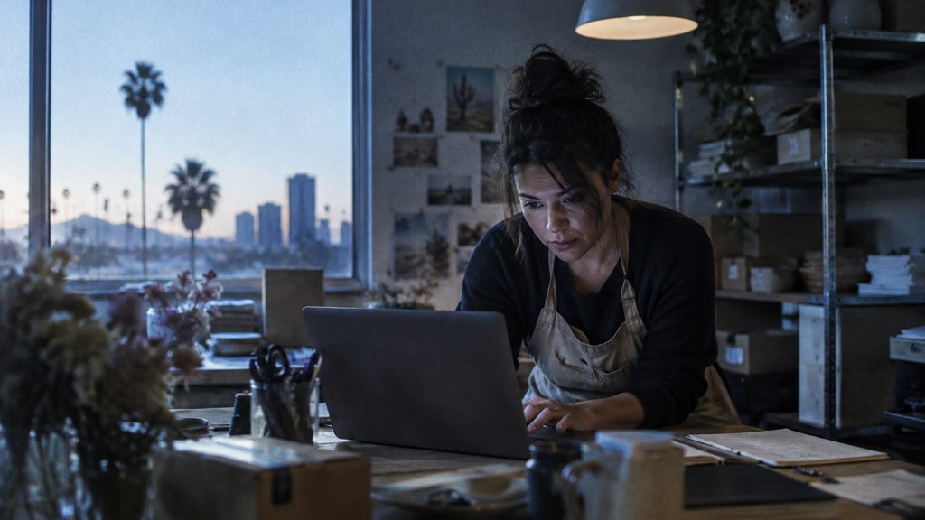 A small-business owner in an apron leaning over a laptop on a cluttered back-office desk late in the day, photographed in Phoenix