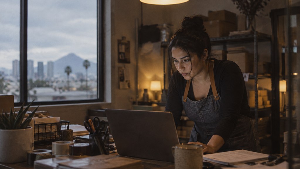 A small-business owner in an apron leaning over a laptop on a cluttered back-office desk late in the day, photographed in Phoenix