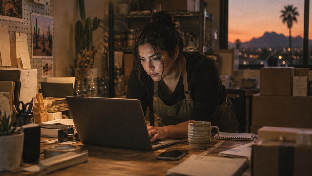 A small-business owner in an apron leaning over a laptop on a cluttered back-office desk late in the day, photographed in Phoenix