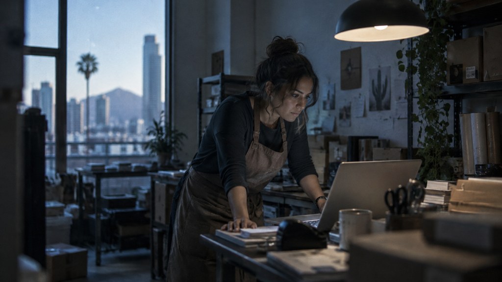 A small-business owner in an apron leaning over a laptop on a cluttered back-office desk late in the day, photographed in Phoenix