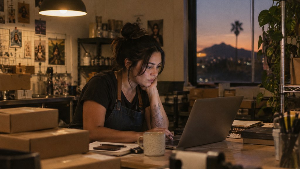 A small-business owner in an apron leaning over a laptop on a cluttered back-office desk late in the day, photographed in Phoenix