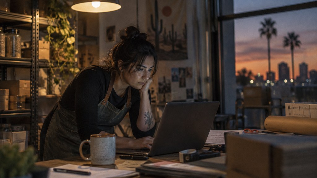 A small-business owner in an apron leaning over a laptop on a cluttered back-office desk late in the day, photographed in Phoenix