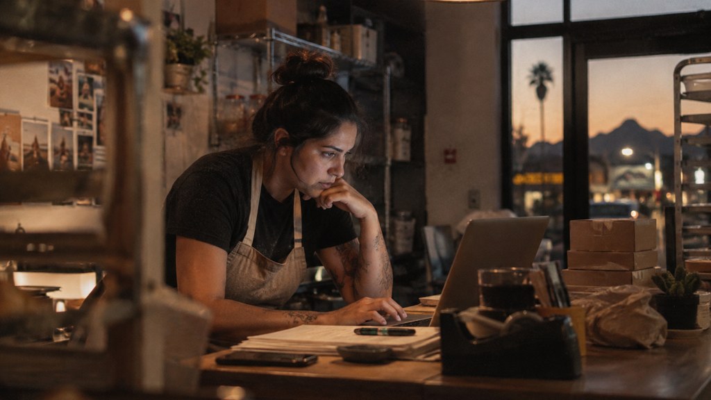 A small-business owner in an apron leaning over a laptop on a cluttered back-office desk late in the day, photographed in Phoenix