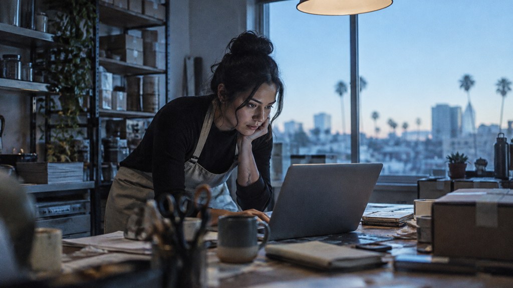 A small-business owner in an apron leaning over a laptop on a cluttered back-office desk late in the day, photographed in Phoenix